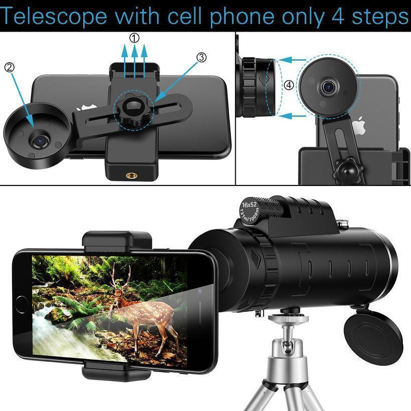 Monocular telescope - Phone holder included - With tripod