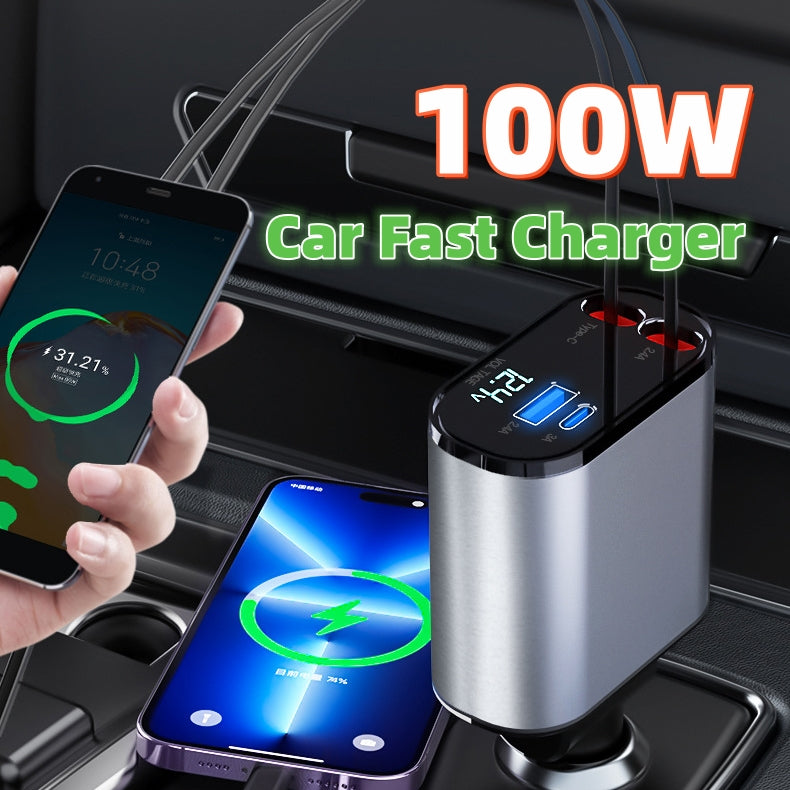 100W ultra fast charger for the car - Cables included - iPhone and Type C